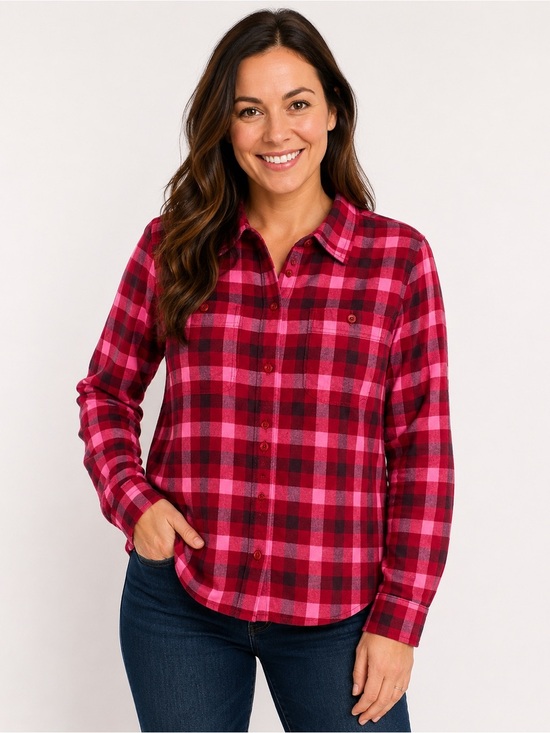 St. John's Bay Tops - St. John’s Bay Women’s Petite Small Red Pink Plaid Button Down Flannel Shirt
